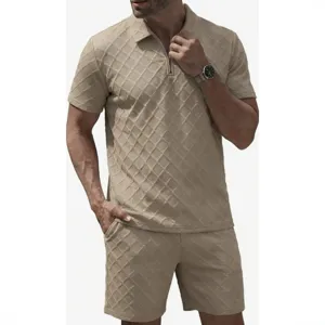 Men Summer Casual Tracksuit Short Sleeve Zipper Polo Shirt And Shorts Set Polyester Jacquard Matching Outfit