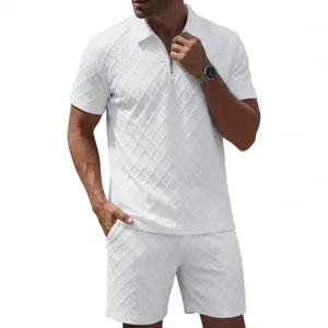 Men's White Jacquard Polo Shirt And Shorts Set Summer Casual Athletic Two Piece Outfit