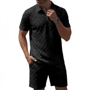 Men jacquard polo shirt shorts set summer casual sportswear black knitted outfit short sleeve