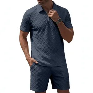 Men's summer short sleeve polo shirt and shorts jacquard casual two piece tracksuit