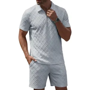 Men's summer casual short sleeve polo shirt and matching shorts jacquard two-piece outfit