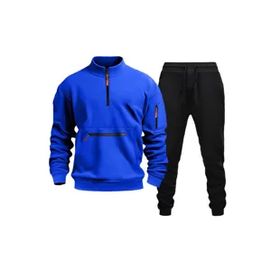 Men's royal blue quarter-zip sweatshirt and black sweatpants tracksuit set, casual fleece sportswear.