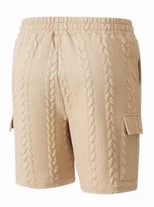 Detail view of men's casual cargo shorts featuring a textured cable knit design in beige.