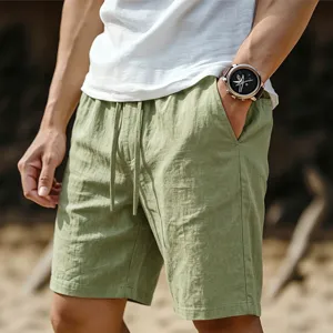 Men's Casual Linen Shorts Solid Color Summer Beach Breathable Drawstring Cotton Shorts