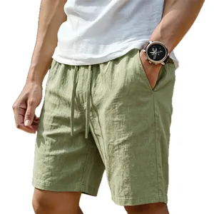 Men casual linen shorts solid color breathable elastic waist beach shorts summer wear