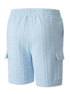 Men's casual shorts detail showing unique cable-knit texture, side cargo pocket and drawstring.