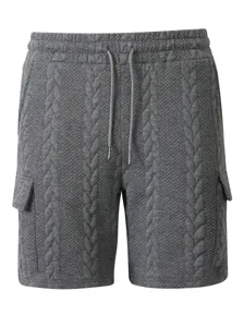 Detailed view of men's dark grey textured cargo shorts featuring an elastic drawstring waist.