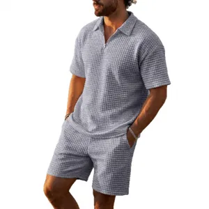 Mens waffle knit short sleeve polo shirt and shorts set summer casual sportswear outfit.