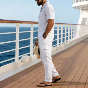 Men's casual linen two-piece set, short sleeve lapel shirt and cargo pants detail.