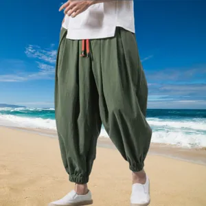 Men's casual cotton linen harem pants detail, loose cuffed hem and adjustable drawstring waist.