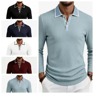 Men's Knitted Long Sleeve Polo Shirt Casual Striped Ribbed Turn-down Collar Contrast Color Fashion Knitted Top For Autumn