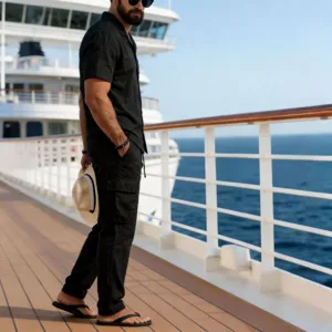 Men black linen short sleeve shirt cargo pants set casual two piece outfit vacation