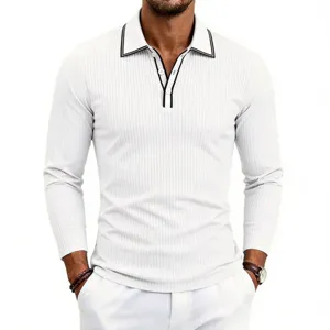 Detailed view of men's white long sleeve ribbed knit polo shirt with contrast piping.