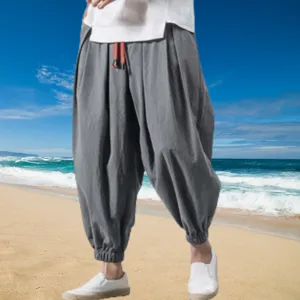 Men casual loose cotton linen harem pants summer beach lightweight trousers comfortable gray