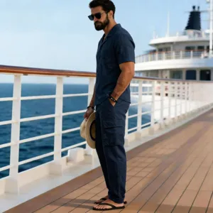 Men cotton linen casual two piece set short sleeve lapel shirt and trousers for summer.