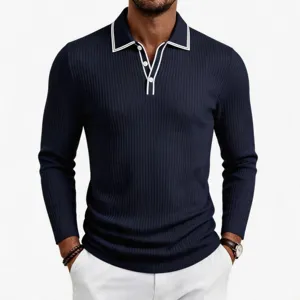 Stylish men's long sleeve knitted polo shirt with contrast collar and button placket.