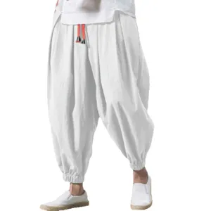 Men's casual loose cotton linen harem pants summer cuffed baggy lantern trousers white