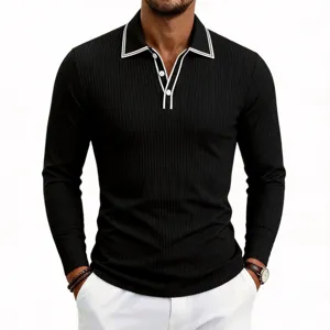 Men's long sleeve knit polo shirt with contrast trim collar, casual slim fit autumn top apparel.