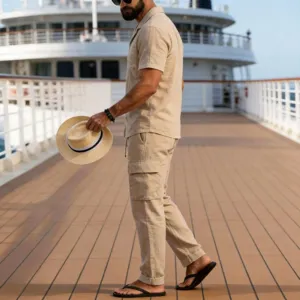 Men casual linen two piece set on cruise deck detail view, summer fashion outfit.