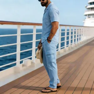 Men casual cotton linen short sleeve shirt and cargo pants two-piece set for summer daily wear.