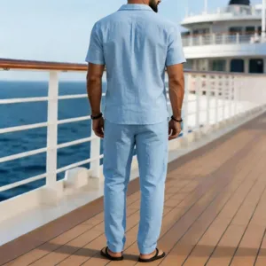 Men casual light blue linen blend short sleeve shirt and long pants two piece set outfit.