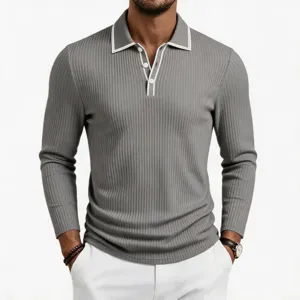 Men's knitted long sleeve polo shirt detail, classic grey sweater top with contrast collar.