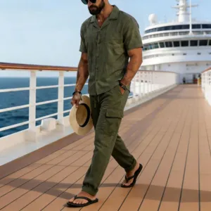 Detailed lifestyle view of men's cotton linen casual short sleeve shirt and trousers set.