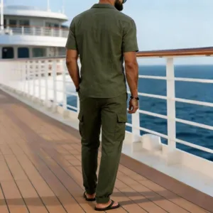 Men's casual cotton linen short sleeve shirt and cargo pants two-piece set green