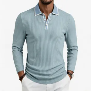 Men's light blue ribbed long-sleeve knit polo shirt with contrast collar trim for autumn.