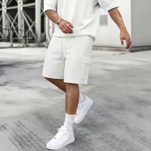 Men's white casual knit shorts with adjustable drawstring and side cargo pockets summer