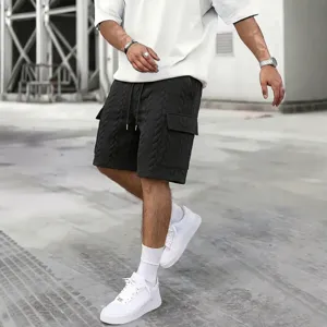 Mens casual cargo shorts with drawstring and textured cable knit pattern for summer outdoor wear.