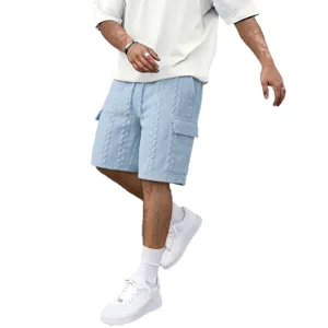Mens light blue cable knit cargo shorts with drawstring casual summer beach wear style