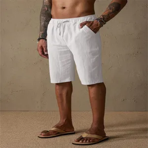 Men's summer casual cotton linen drawstring solid color beach shorts detail view fit