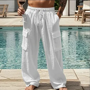 Herren Casual Baumwolle Cargo Hose Atmungsaktiv Locker Fit Mehrere Taschen Kordelzug Weites Bein Trousers Urban Outdoor Mode