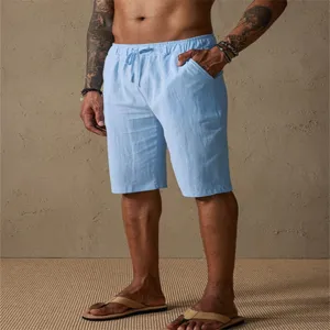 Men summer light blue linen blend casual beach straight loose drawstring shorts detail