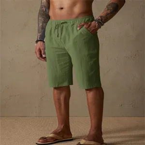 Detail shot of men's casual cotton linen shorts with drawstring waist and deep pockets.