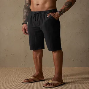 Men summer casual cotton linen beach shorts, loose straight fit with drawstring waistband.