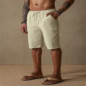 Men's casual linen cotton drawstring beach shorts summer solid color loose fit streetwear detail