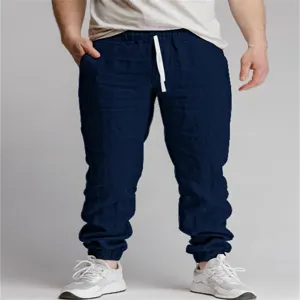 Herren Freizeithose einfarbig Leinen Jogger mit Kordelzug atmungsaktive Sporthose für Alltag.