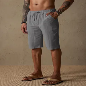 Detailed view of men's casual cotton linen shorts featuring comfortable drawstring waist.