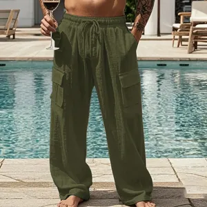 Herren Baumwolle Leinen Cargo Hose Lässig Lose Passform Atmungsaktiv Mehrere Taschen