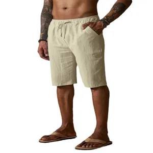 Men's Casual Cotton Linen Drawstring Beach Shorts Solid Color Summer Loose Fit Bermuda Shorts