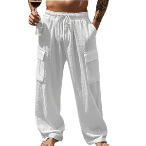 Herren weisse Leinen casual Cargo Hose, lose Passform mit Multi Taschen Freizeithose