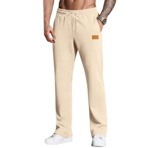 Men's Casual Polyester Sweatpants Solid Color Loose Straight Leg Trousers With Leather Label Drawstring Comfortable Sports Pants