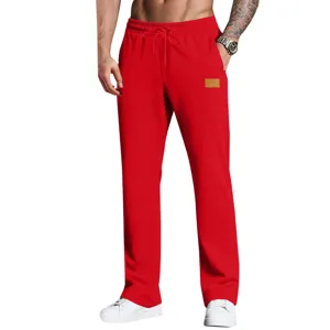 Men's red casual sweatpants with leather patch loose fit comfortable sports pants main image