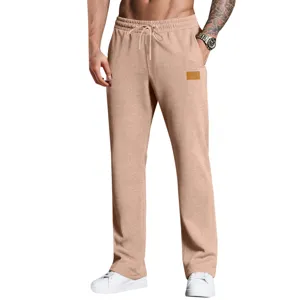 Men's casual sweatpants with elastic drawstring waist, comfortable straight fit joggers in khaki.