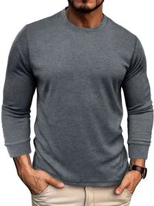 Men's casual long sleeve waffle knit t-shirt comfortable crewneck basic pullover top grey.