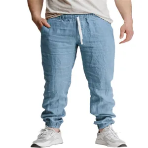 Herren lässige einfarbige Baumwolle Leinen Kordelzug atmungsaktive Jogginghose Alltag