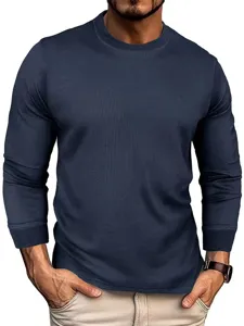 Men's waffle knit long sleeve crewneck t-shirt in dark blue, casual basic top front view.