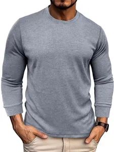 Mens casual waffle knit long sleeve crewneck t-shirt in grey, solid basic style top for men.